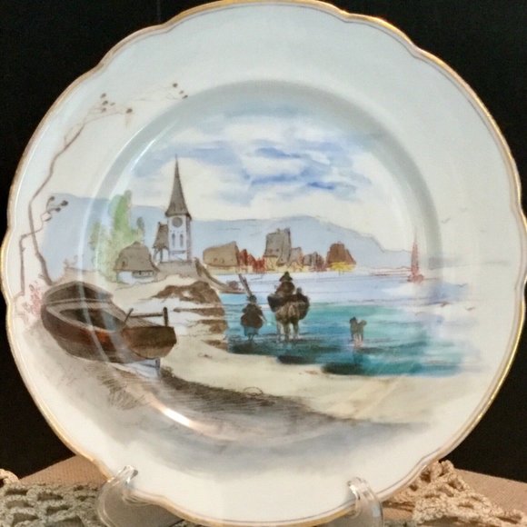 Antique Hand Painted Plate Fischer Mieg Village Water Scene - Picture 2 of 6
